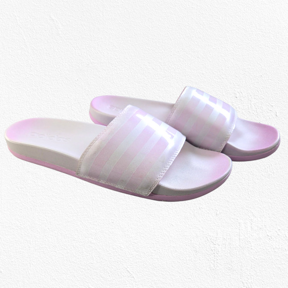 Adidas Adilette Comfort Slides Pink White Striped Slip-On Sandals Size 9 - Picture 1 of 14
